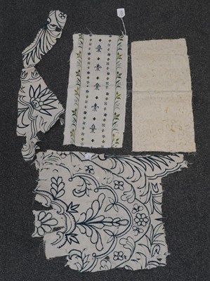 Lot 6053 - Three 18th Century Fabric Fragments, comprising a circa 1700 blue crewel work remnant possibly from