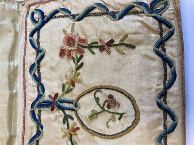 Lot 6060 - 18th Century Cream Silk Wallet/Pocket Book, embroidered with floral sprigs within a rectangular and