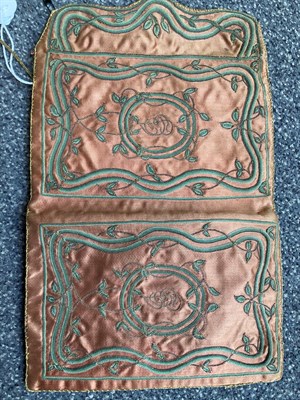 Lot 6061 - 18th Century Rust Red Silk Pocket Book, with decorative green sinuous stem and leaf embroidery with