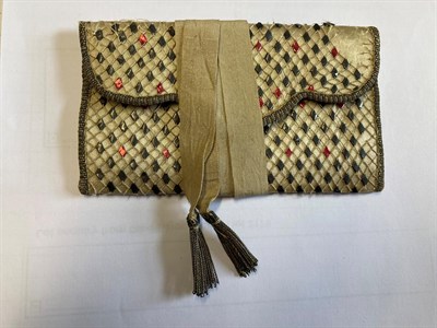 Lot 6064 - An 18th Century Cream Silk Wallet with shaped front and mounted with cotton net and decorated...