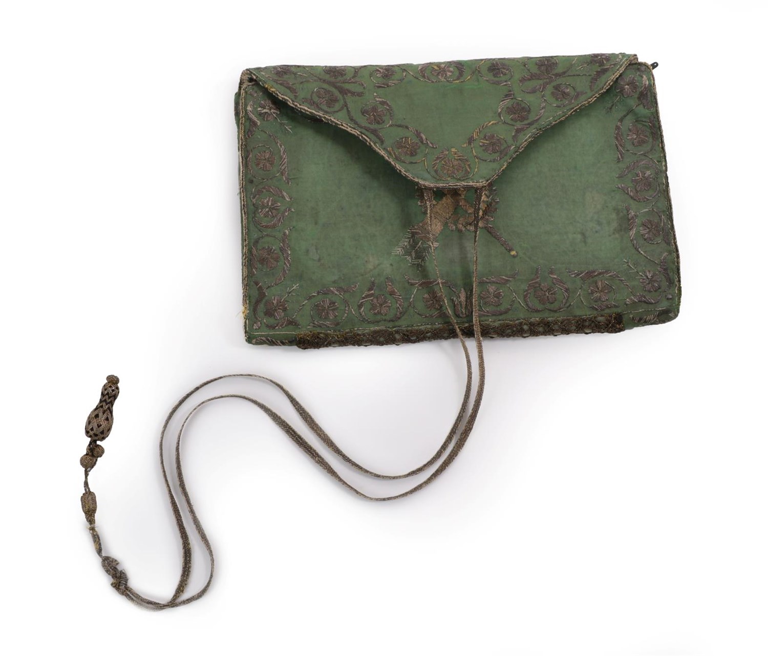Lot 6068 - 18th Century Green Silk Wallet embroidered in silvered threads around the edges, monogrammed...