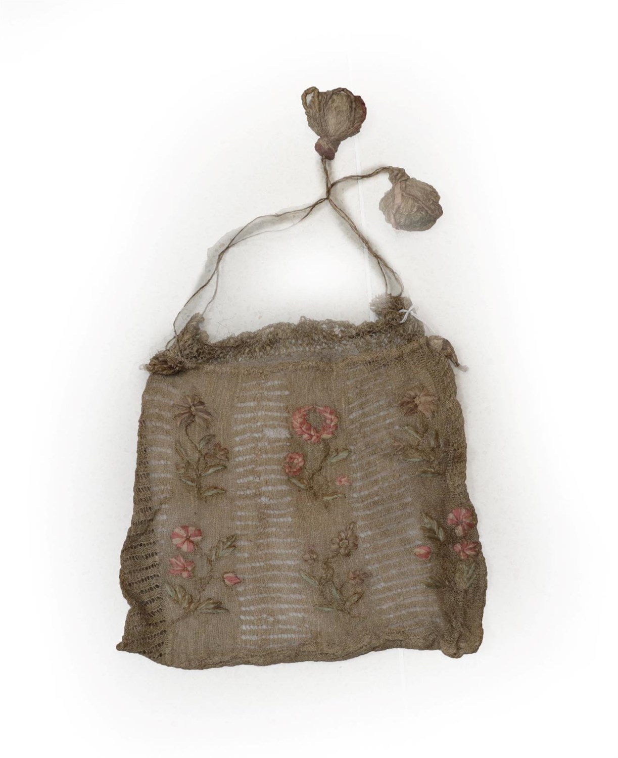 Lot 6071 - 18th Century Pineapple Fibre Knitted Workbag decorated with floral sprays to the front and back...