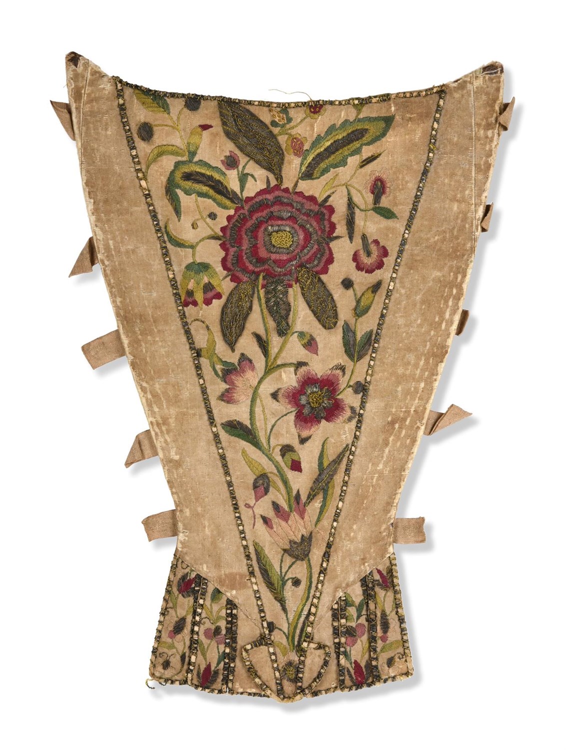 Lot 6073 - Circa 1720 English Stomacher worked on cream silk, decorated with coloured silk embroidered...