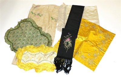 Lot 6074 - Assorted Decorative Early 20th Century Silk Panels, comprising a black silk stole with taffeta trim