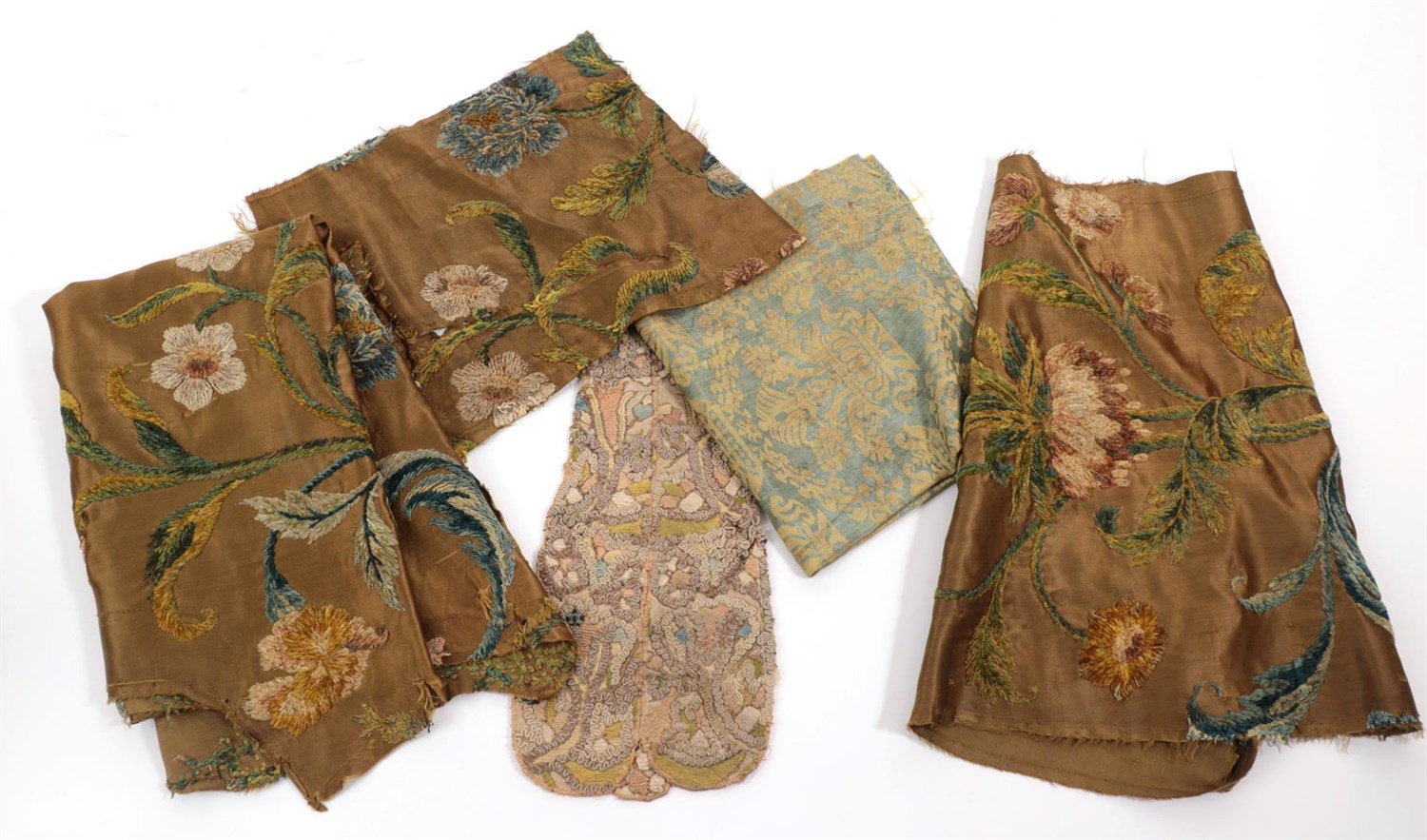 Lot 6080 - 17th and 18th Century Fabric Fragments, comprising an early 17th century silk damask furnishing...