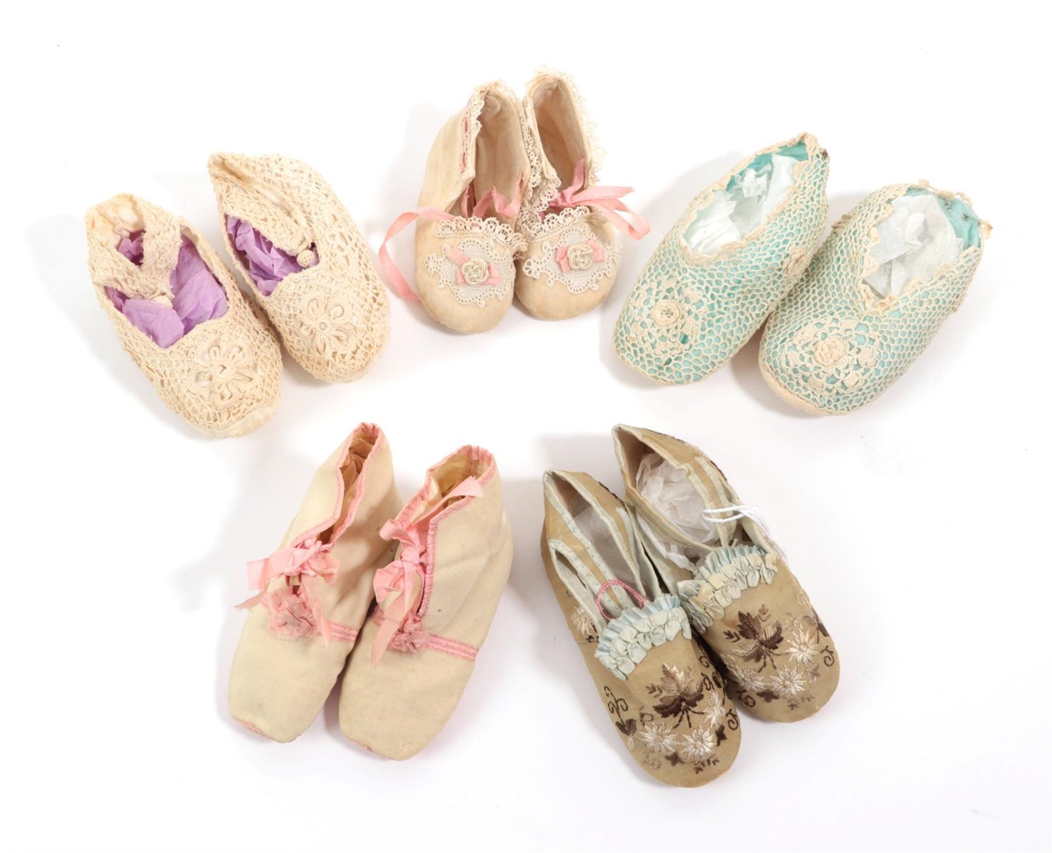 Lot 6082 - Assorted 19th Century Baby Shoes and Bootees, comprising a pair of silk shoes with pale blue...