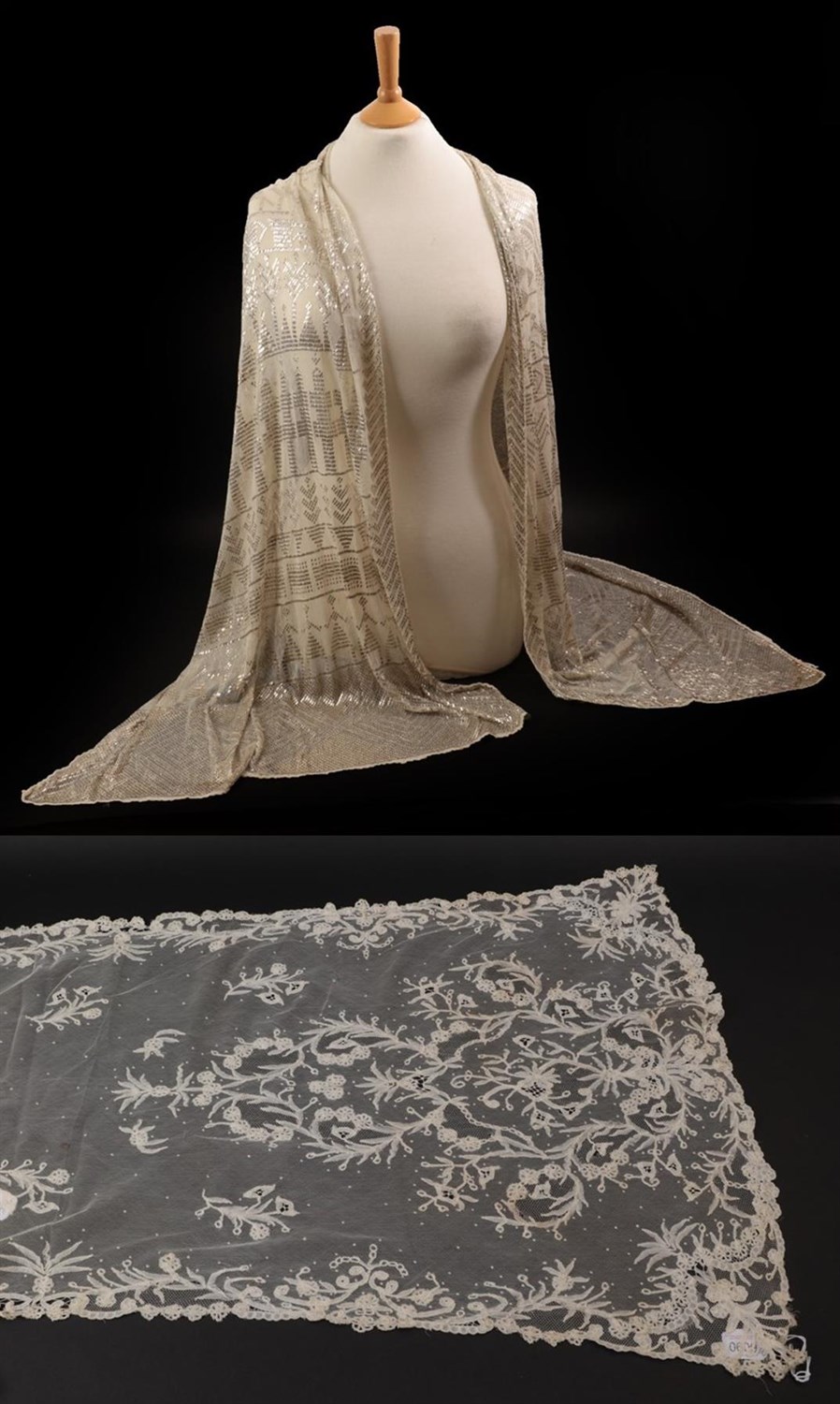 Lot 6090 - Early 20th Century Cream Lace Stole with floral applique lace tape decoration within a...