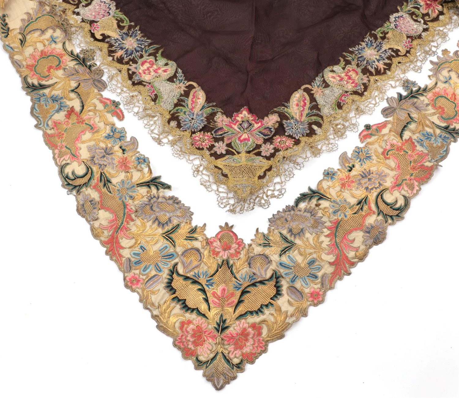 Lot 6091 - Mid 18th Century German Fichu of brown silk embroidered with silk and metal threads in a floral...