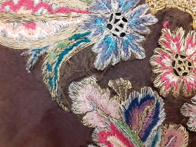 Lot 6091 - Mid 18th Century German Fichu of brown silk embroidered with silk and metal threads in a floral...