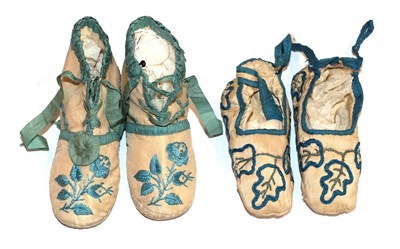 Lot 6100 - Pair of 19th Century Cream Silk Baby Boots with blue ribbon appliques and embroidery; and a Pair of