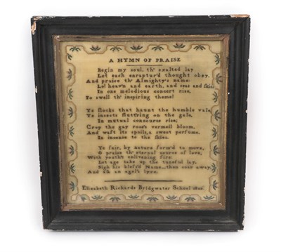 Lot 6106 - 'A Hymn of Praise' Worked by Elizabeth Richards, Bridgwater School 1820, with central three...