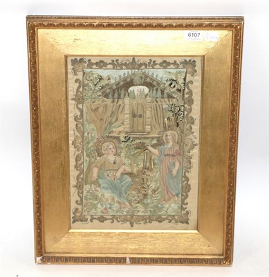 Lot 6107 - 19th Century Ecclesiastical Silk Embroidered Picture, worked on a cream silk ground depicting...