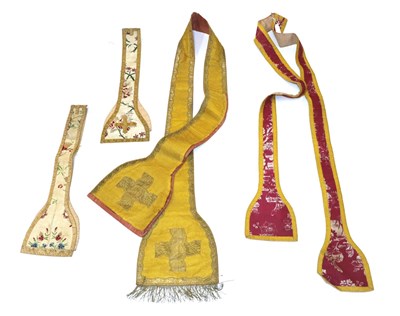 Lot 6114 - Circa 18th Century French Ecclesiastical Maniples and Stoles, including two similar cream silk...