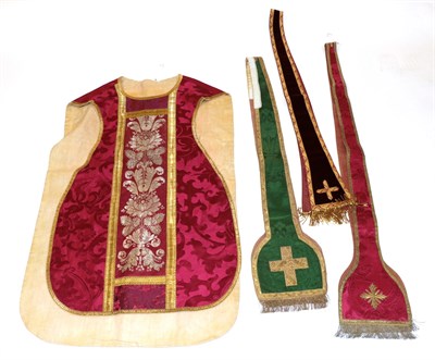 Lot 6117 - Late 19th Century Possibly French Ecclesiastical Chasuble and Stole in a red silk damask, with...