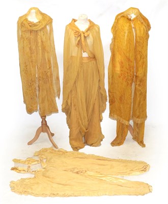 Lot 6129 - Opera Costumes, comprising a yellow and orange printed chiffon long cape, with hood and exaggerated