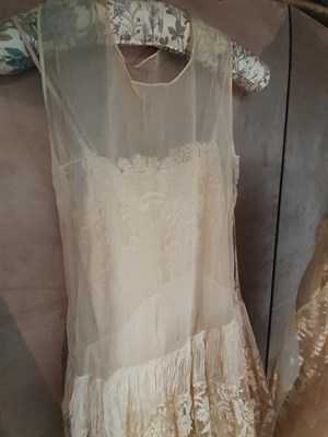 Lot 6131 - Circa 1920 Cream Silk Chiffon and Lace Wedding Dress and Accessories, comprising a lace mounted...