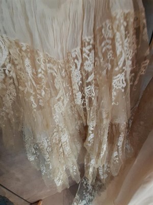 Lot 6131 - Circa 1920 Cream Silk Chiffon and Lace Wedding Dress and Accessories, comprising a lace mounted...