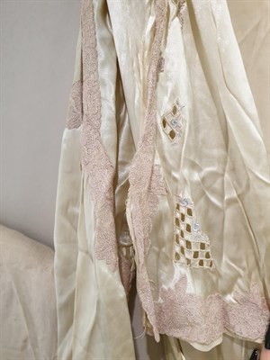 Lot 6132 - Early 20th Century Cream Silk Robe with drawn thread work, inserted lace panel to the reverse,...