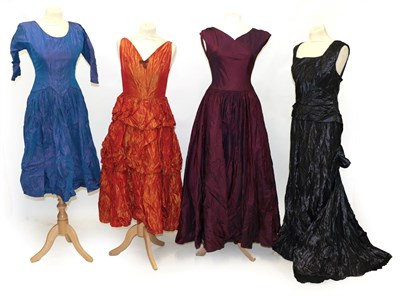 Lot 6138 - Circa 1930s/40s Evening Wear, comprising a black full length silk taffeta sleeveless dress,...