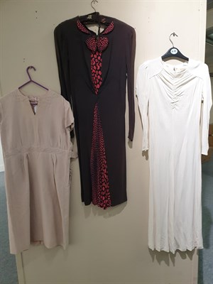 Lot 6143 - Circa 1930s/50s Ladies' Day and Evening Wear, comprising a white crepe dress with ruched detail...