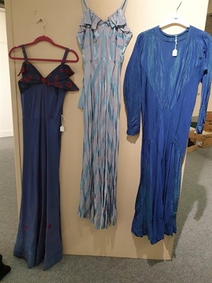 Lot 6144 - Circa 1930s/40s Full Length Evening Dresses, comprising a pink silk brocade dress with capped...