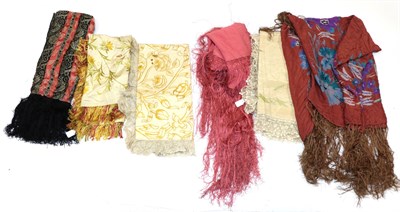 Lot 6152 - Early 20th Century Pink Silk Crepe Shawl with fringed trim, 124cm square;  Printed Silk Shawl...