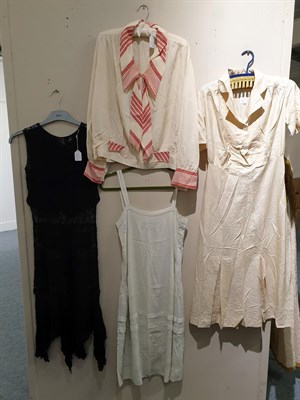Lot 6190 - Circa 1920s Costume comprising a long sleeved cream silk tunic top with red and cream striped...