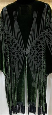 Lot 6211 - Zandra Rhodes Green Silk Velvet Devore Evening Coat with fringed hem; green silk circular...