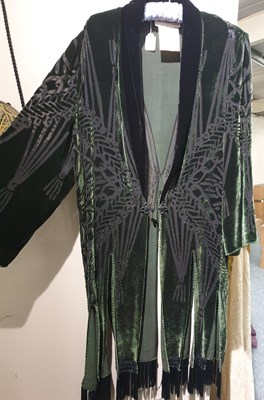 Lot 6211 - Zandra Rhodes Green Silk Velvet Devore Evening Coat with fringed hem; green silk circular...