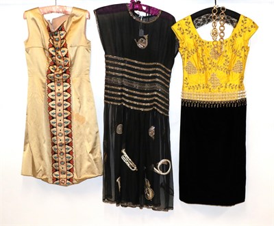 Lot 6212 - Eliane Montigny Paris Yellow Silk and Black Velvet Sleeveless Cocktail Dress, embroidered and...