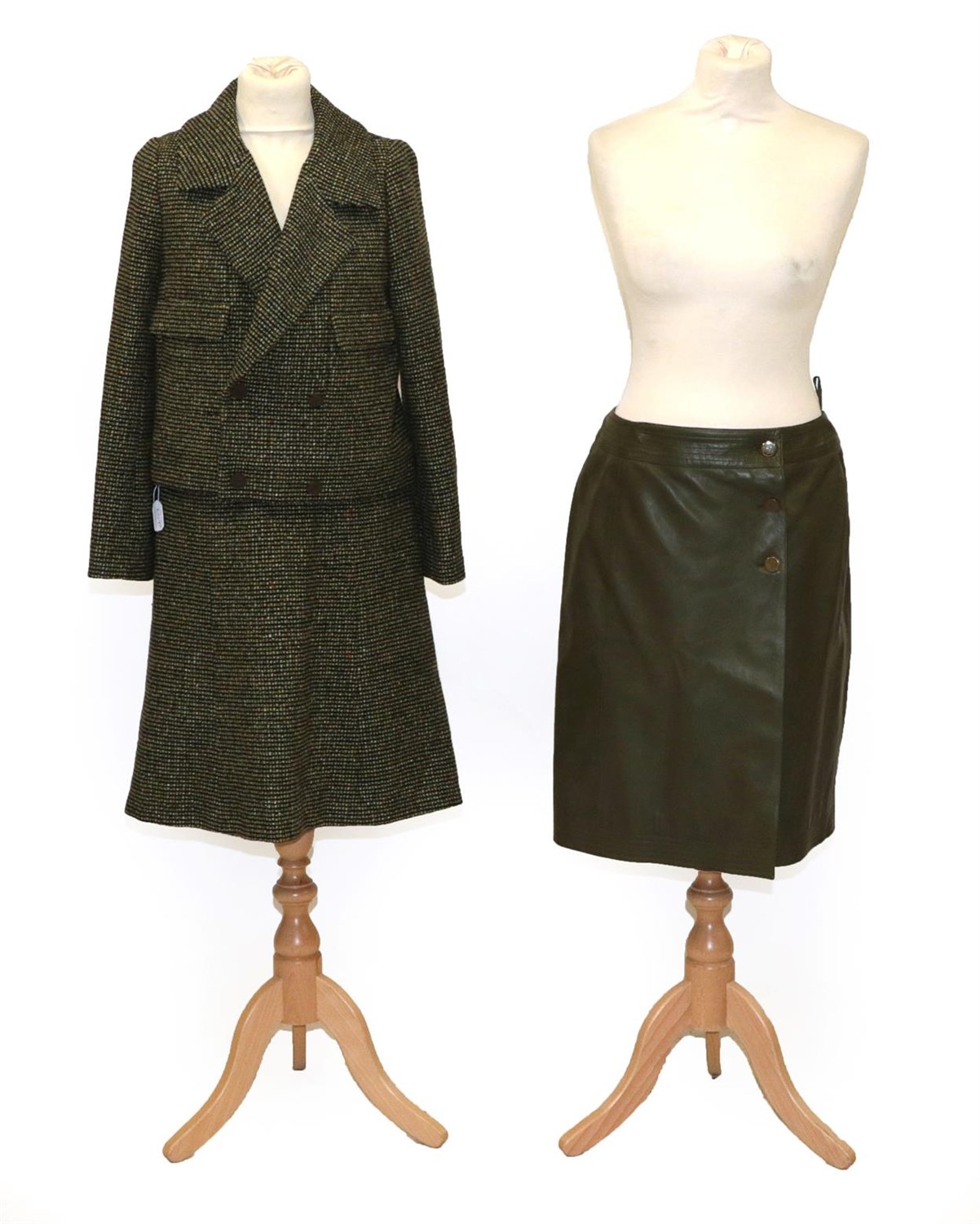 Lot 6214 - Modern Chanel Green Tweed Two Piece Skirt Suit, comprising a cropped double breasted jacket...