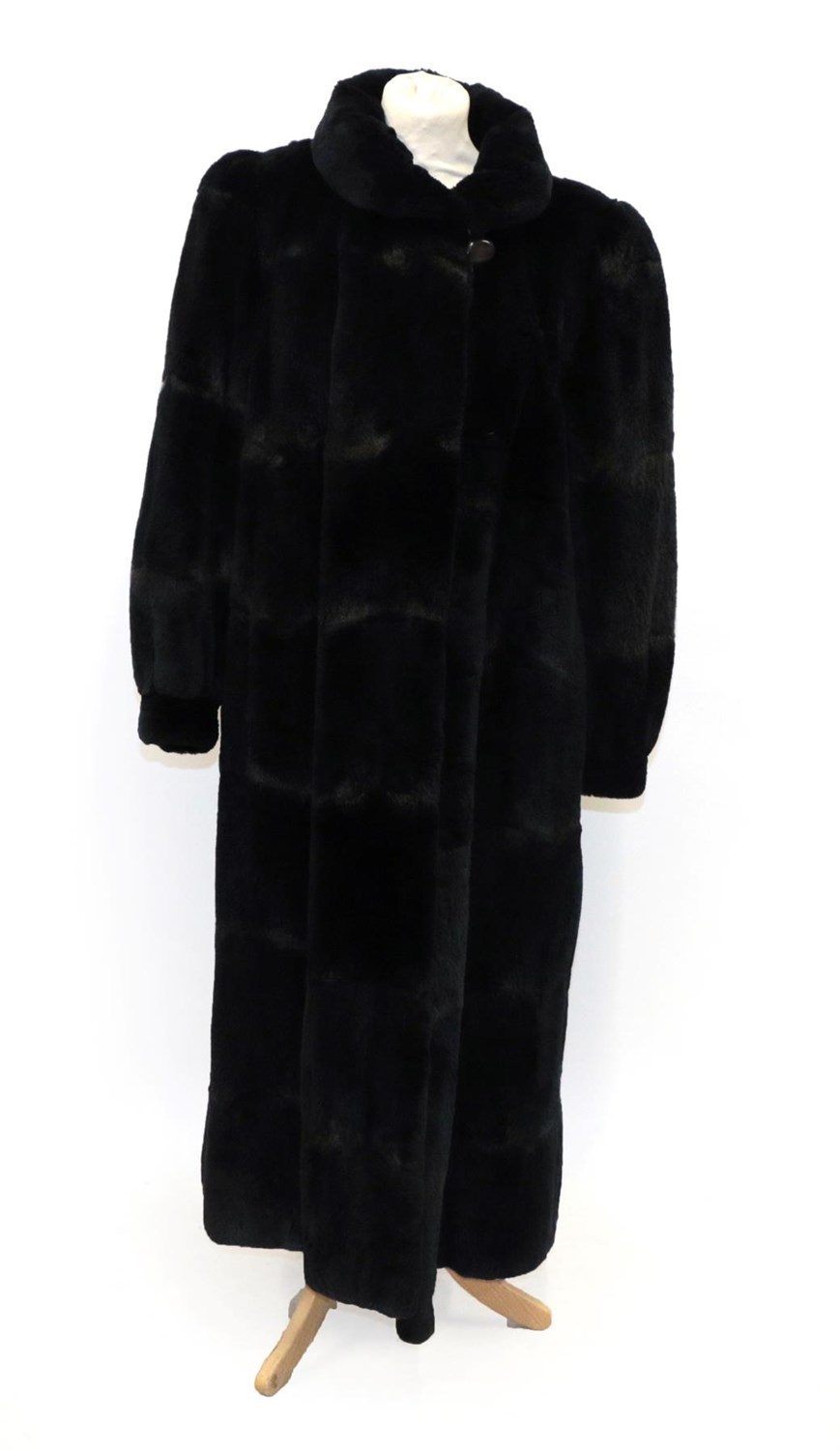 Lot 6232 - Navy Shaved Nutria (Beaver) Long Coat, with collar, single button fastening to the neck and...