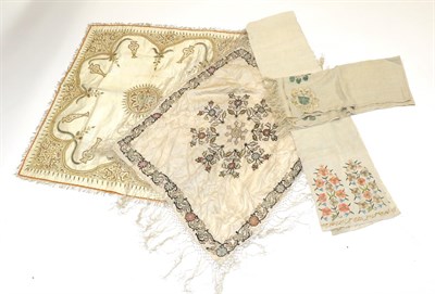 Lot 6240 - Late 19th Century Ottoman Linen Towel, embroidered with three cream and blue flowerheads to...