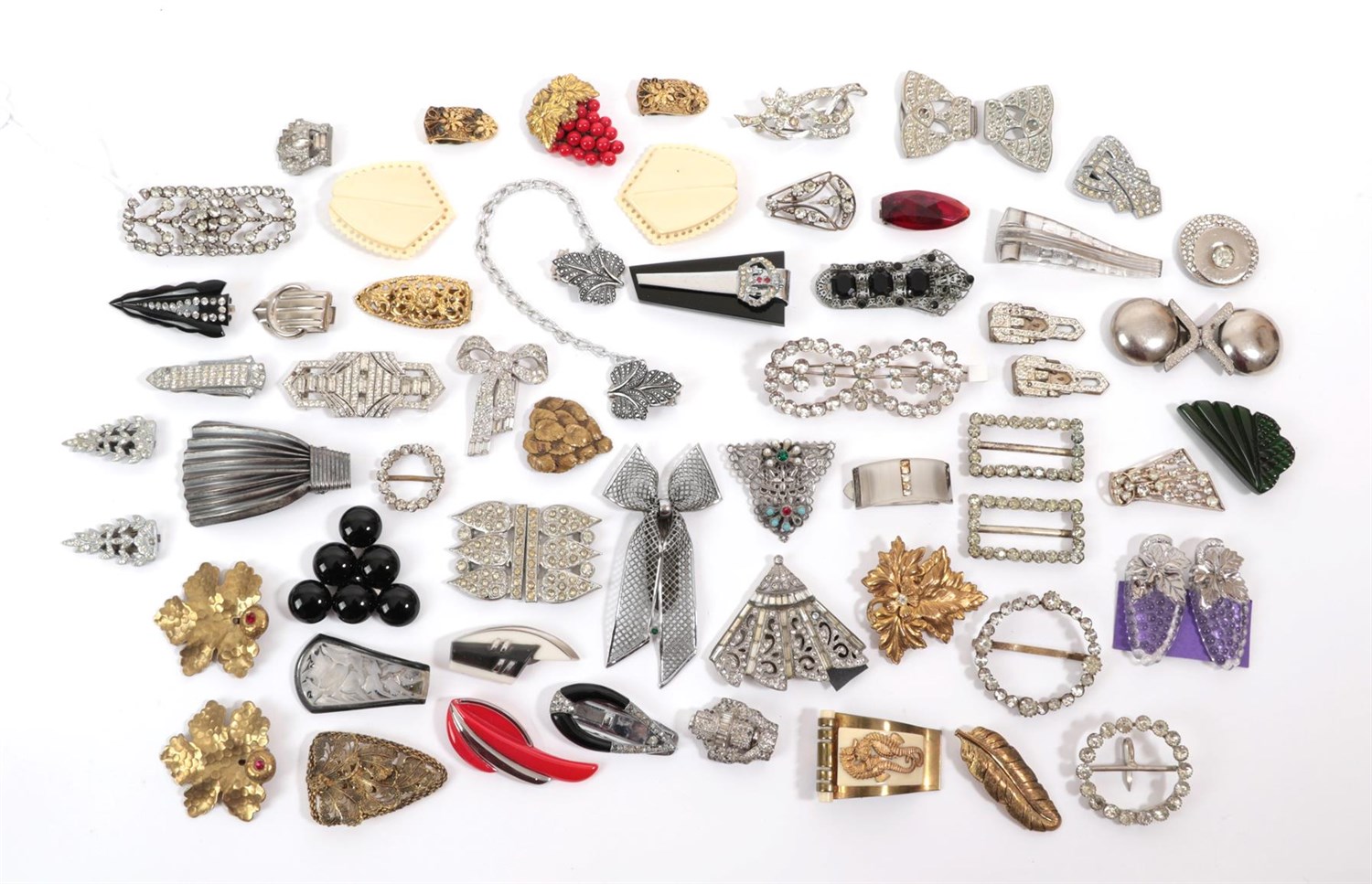 Lot 6253 - Assorted Circa 1930s and Later Dress Clips, Belt Buckles including gilt metal, white metal,...