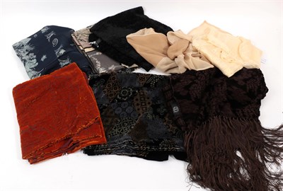 Lot 6260 - Group of Helen David English Eccentrics Scarves and Others, comprising two black devore...