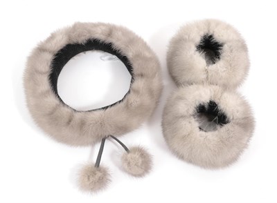 Lot 6268 - Light Grey Mink Head Band, elasticated with pom pom drops, and a Pair of Matching Cuffs (3)