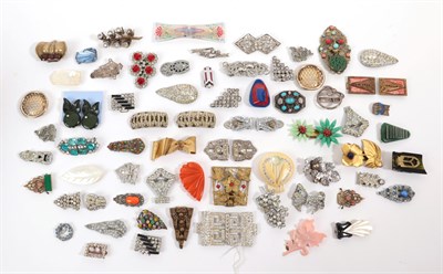 Lot 6271 - Assorted Circa 1930s and Later Dress Clips, Belt Buckles, including gilt metal, white metal, glass