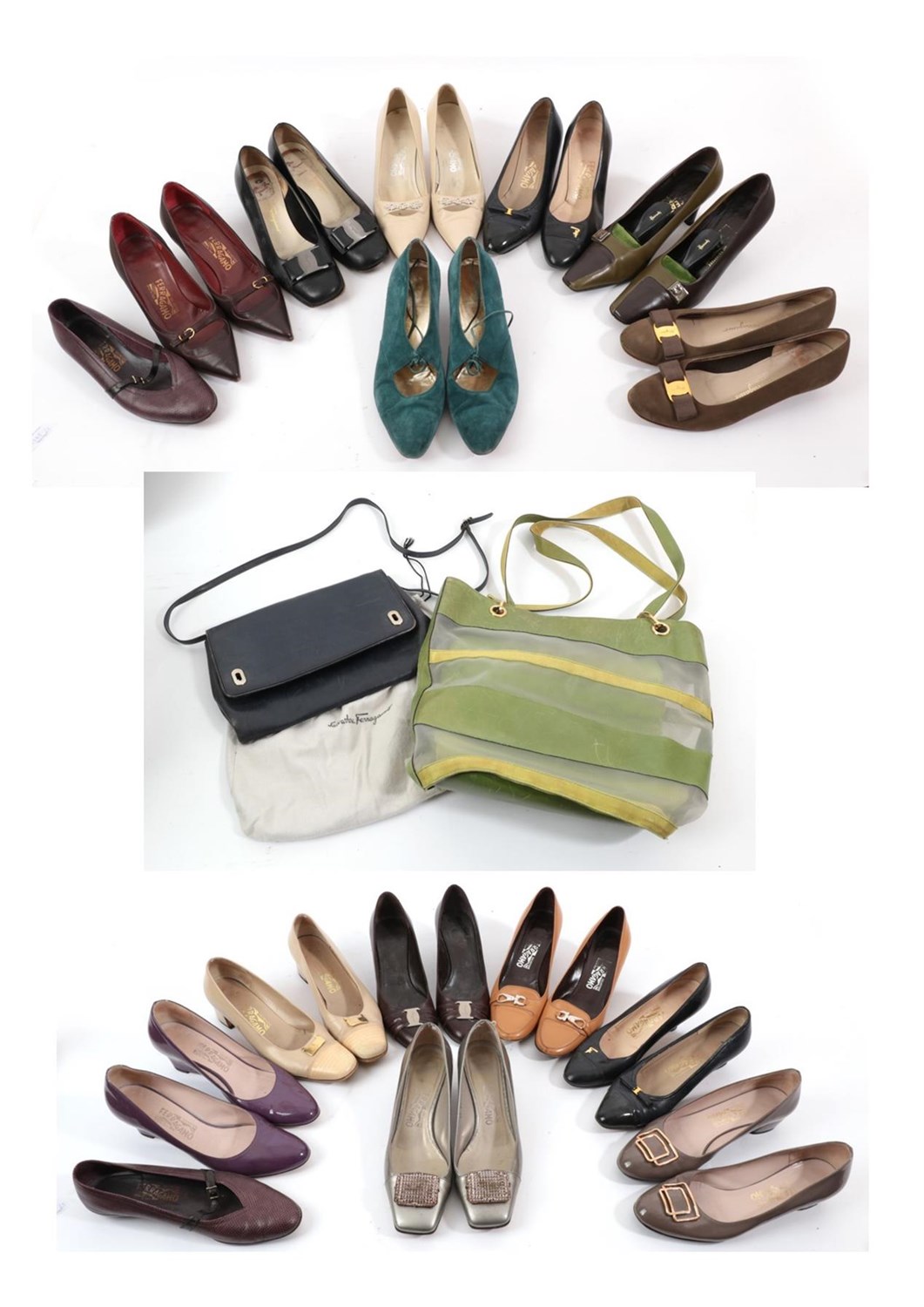 Lot 6275 - Fifteen Pairs of Salvatore Ferragamo Leather and Suede Heeled Shoes, the majority in dust bags...