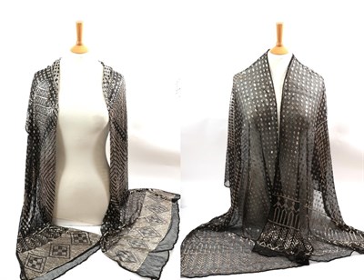 Lot 6277 - Early 20th Century Black Assuit Shawl, with geometric decoration, 78cm by 220cm; Another of Similar