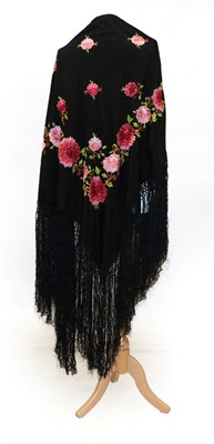 Lot 6285 - Early 20th Century Black Silk Shawl, embroidered around the border with alternating dark and...