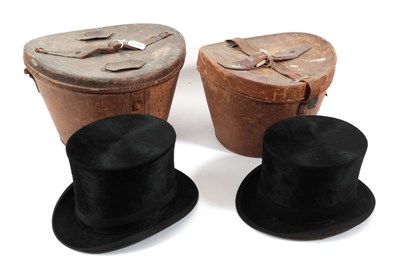 Lot 6286 - Bond Street Black Silk Top Hat in Leather Hat Case, with faded red velvet lining; another...