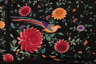 Lot 6288 - An Early 20th Century Chinese Black Silk Cloth with Coloured Embroidery and fringed trim, 150cm...