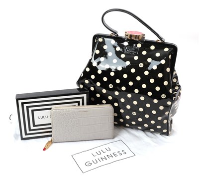 Lot 6294 - Lulu Guinness Patent Medium Eva Handbag, oversized bag in  black and white spots, with her...