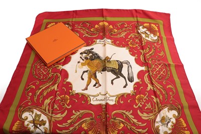 Lot 6324 - Hermes Silk Scarf 'Cheval Turc', designed by Christiane Vauzelles, within a red and sage green...
