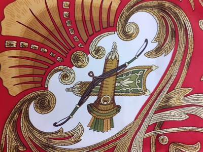 Lot 6324 - Hermes Silk Scarf 'Cheval Turc', designed by Christiane Vauzelles, within a red and sage green...