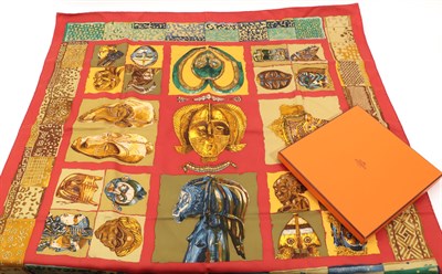Lot 6336 - Hermes Silk Scarf 'Persona' designed by Loic Dubigeon, with a red border in a Hermes box, with...