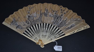 Lot 5007 - A Mid-18th Century Ivory Fan, the upper guards carved and pierced with a bird amidst foliage,...