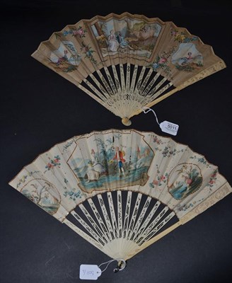 Lot 5011 - An 18th Century Ivory Fan, the vellum leaf mounted à L'Anglaise, the upper guards carved with...