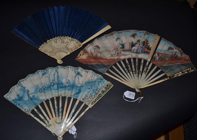 Lot 5012 - A Mid-18th Century Ivory Fan, the double leaf en grisaille in sea green, with a touch of flesh...