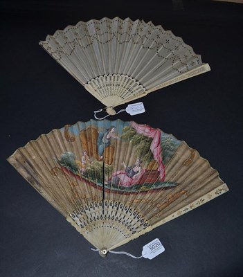 Lot 5020 - An Early 18th Century Ivory Fan (possibly earlier) painted on vellum in strong colours, with...